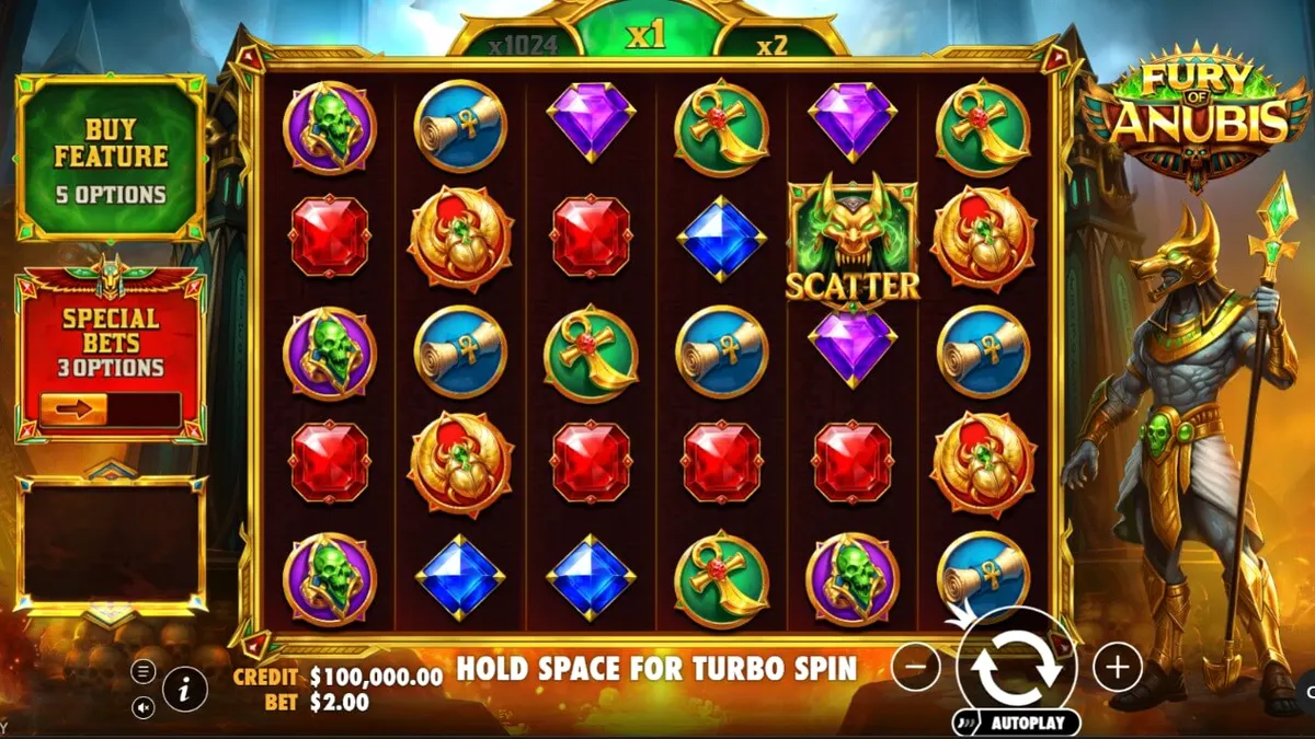 Tampilan visual slot Fury of Anubis dengan latar belakang makam Mesir kuno yang gelap dan penuh api.