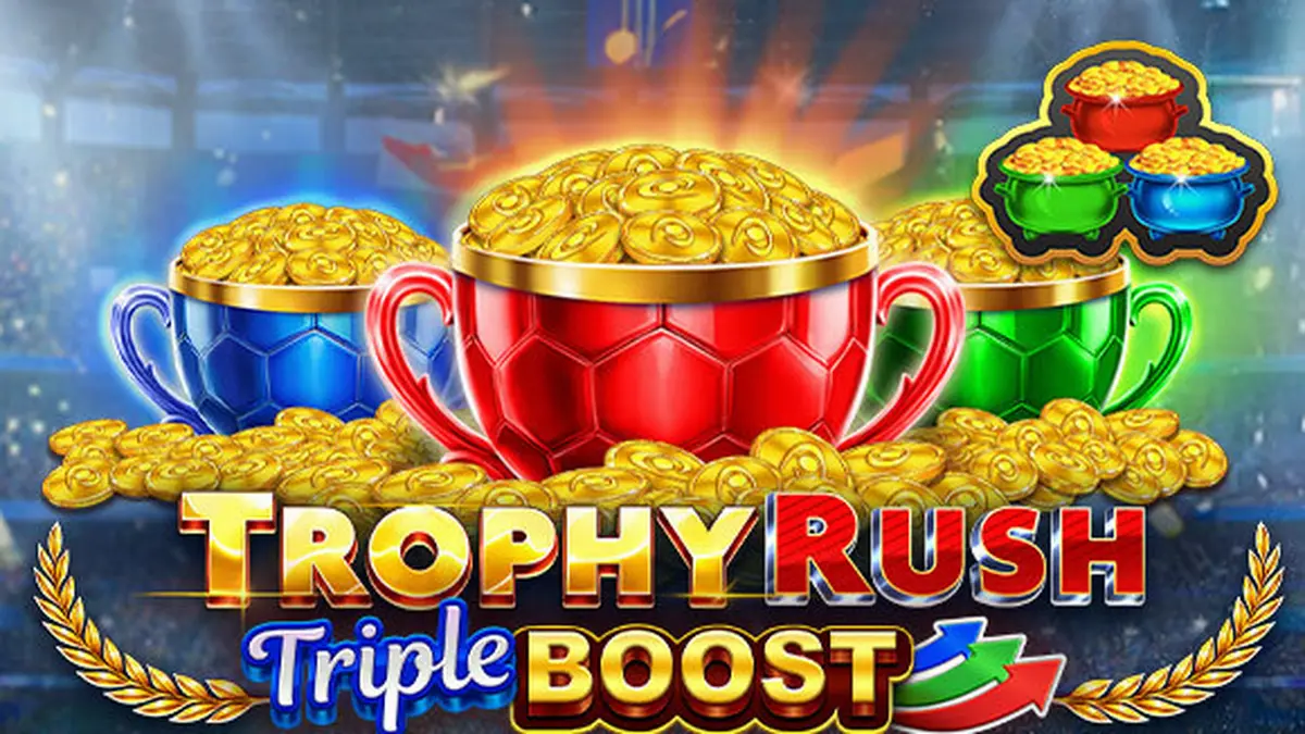 Tampilan visual slot Trophy Rush Triple Boost dengan elemen koin emas dan nuansa stadion