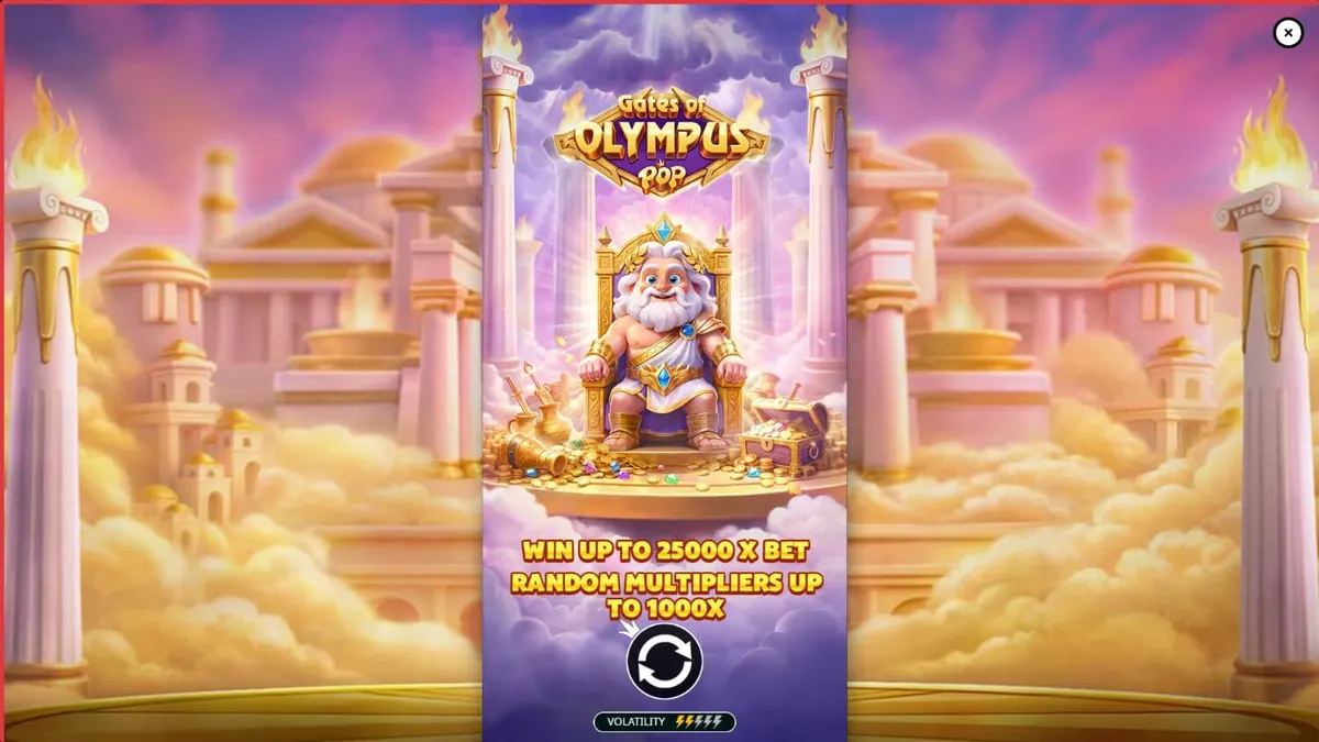 Tampilan visual slot Gates of Olympus POP dengan Zeus dan grid 3x5